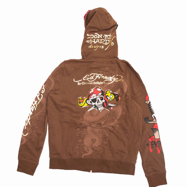 vintage brown dead stock with tags ed hardy dragon zip up hoodie with faux fur hood