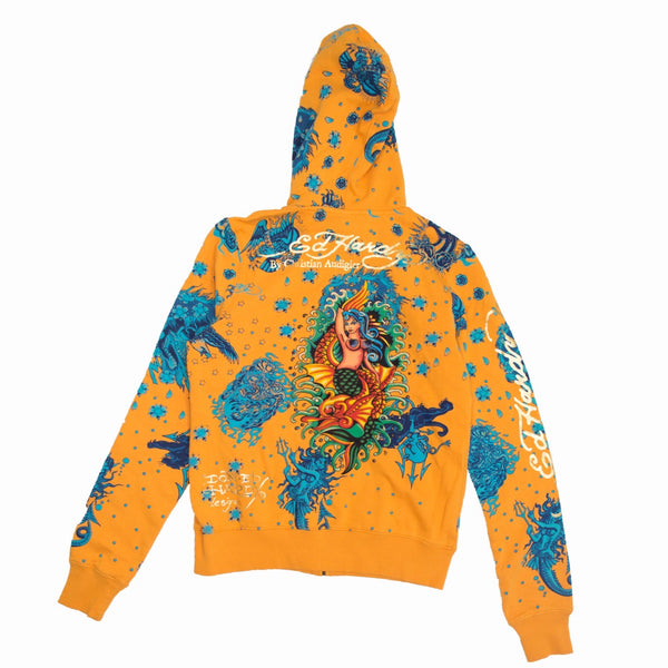 vintage orange all over print deadstock with tags ed hardy zip up hoodie